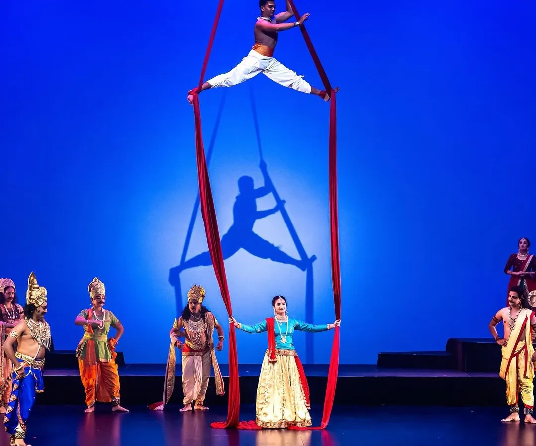 We love to innovate by blending tradition with modern artistry. Here is a moment from our 'Krishnaa' production, where we incorporated an aerial silk act to create a truly unforgettable visual spectacle.