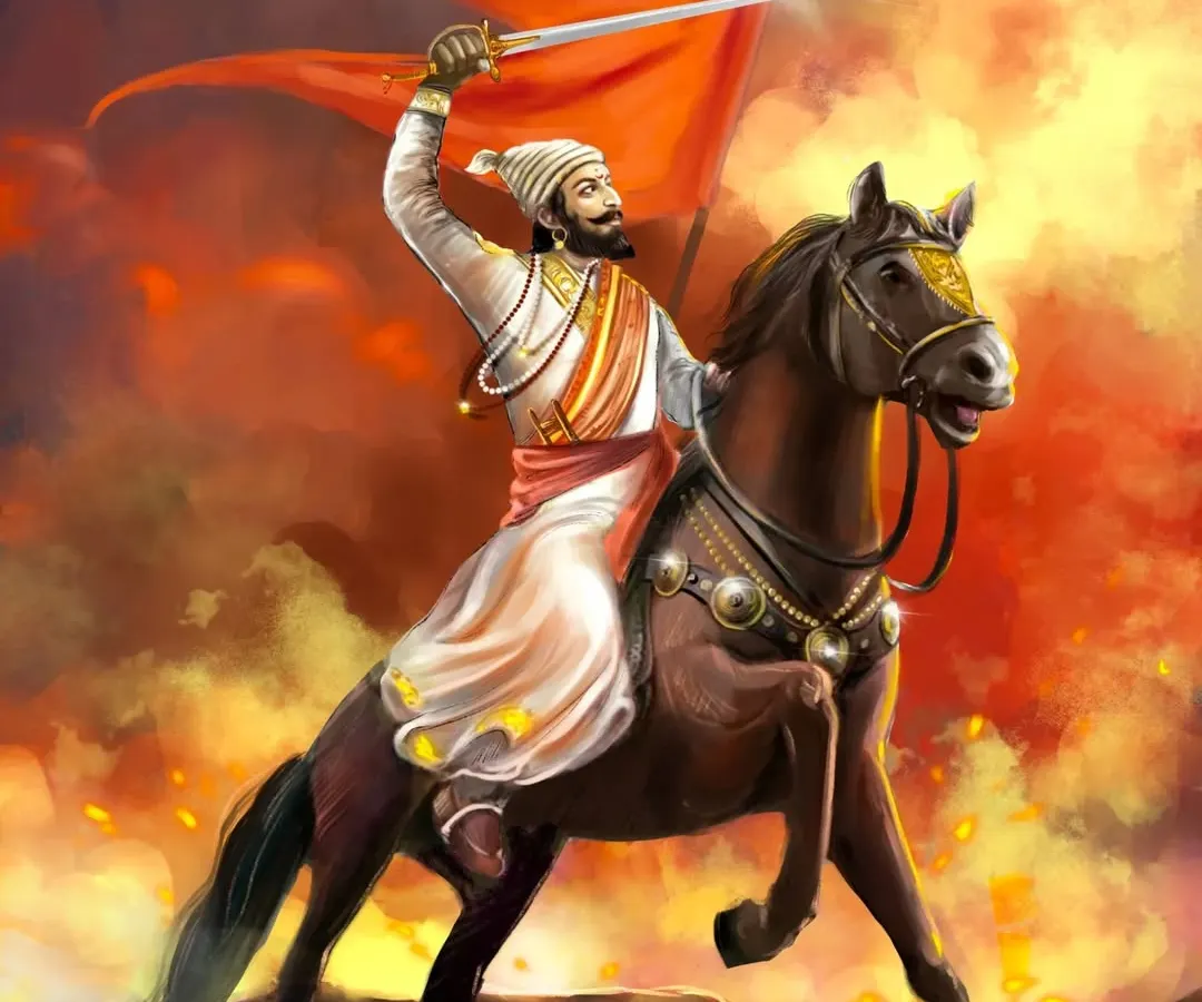Jay Shivray! A dynamic digital artwork of Chhatrapati Shivaji Maharaj on horseback, leading with his sword held high against a fiery sky. This painting is my tribute to his unyielding spirit and leadership.