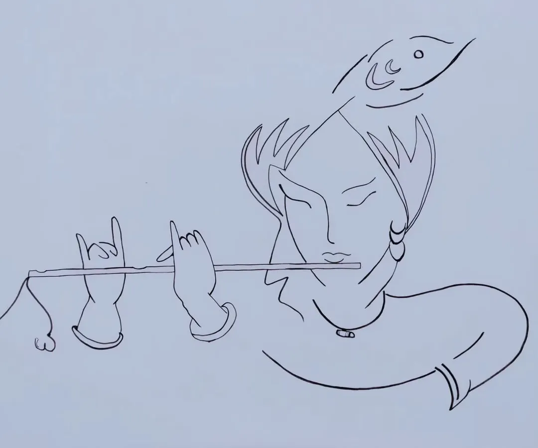 This is the original design for the Krishna mural. I start with a clean line art sketch like this to make sure you love the concept before I begin painting on your wall. This way, we get the perfect look for your space.