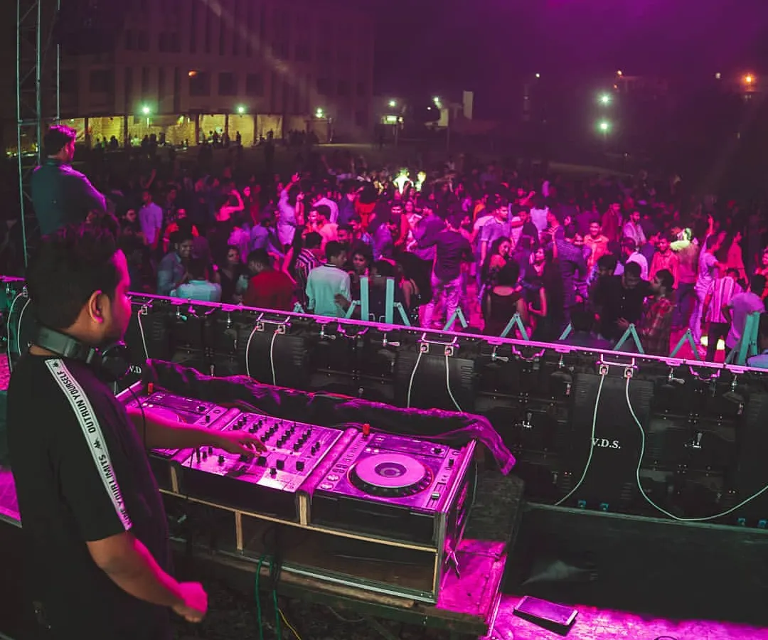 My view from the DJ console during a packed college festival. There is nothing like the energy of a massive crowd dancing to every beat I drop. This is what a high-energy Bollywood and Punjabi music night looks like.