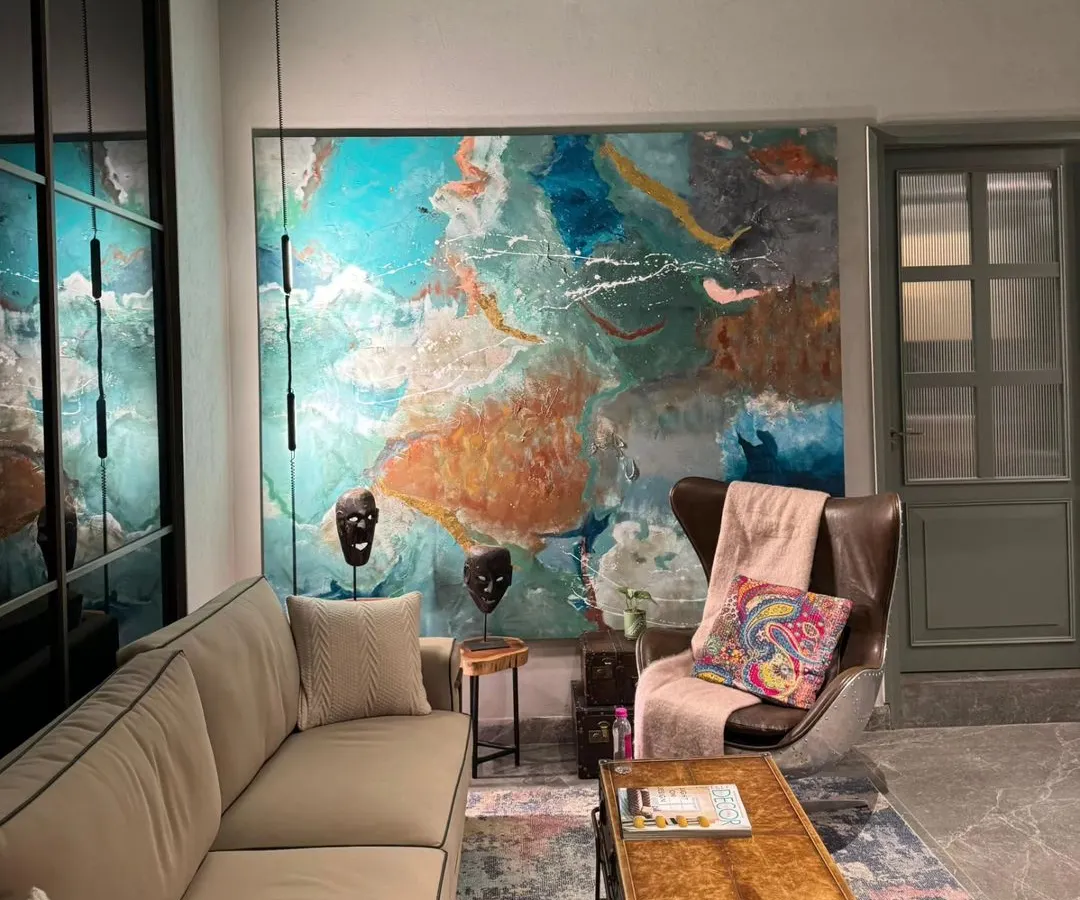 This oversized 7ft by 8ft abstract canvas was a commission for a design studio's office space. I enjoy collaborating with interior designers to create large-scale art that integrates seamlessly with the environment and elevates the entire room.