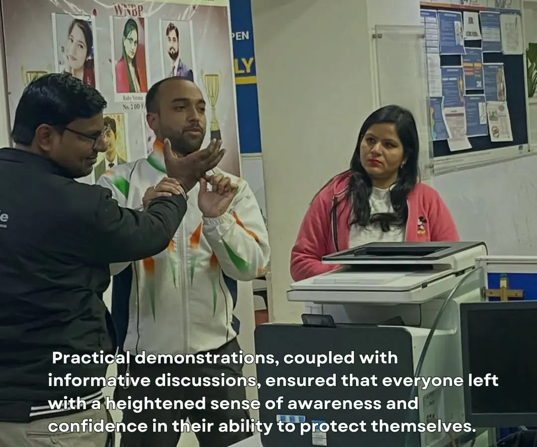 In our corporate workshops, like this one at Bharti AXA Life Insurance, we demonstrate practical self-defense techniques that can be applied in everyday situations. Here, I am showing how to create distance and de-escalate a potential threat.