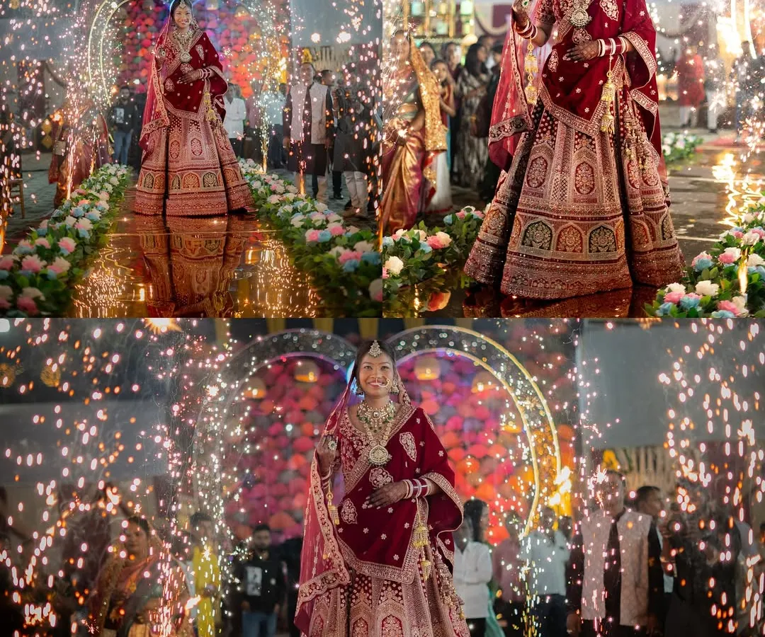 A collage showcasing the bride's spectacular entrance. Surrounded by an aisle of flowers and brilliant sparklers, this is a truly cinematic wedding moment. We focus on capturing the scale and energy of your grand entrance, ensuring it looks as magical as it feels.