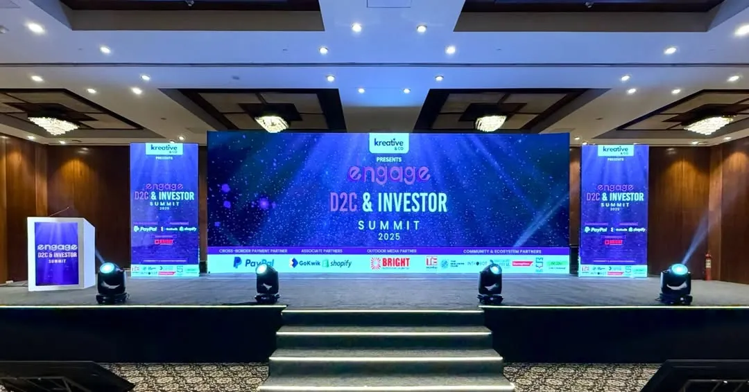 For corporate events, professionalism is key. Here is a clean, impressive stage I designed for a D2C and investor summit, featuring a high-resolution LED wall for presentations and focused lighting that puts the speakers in the spotlight.