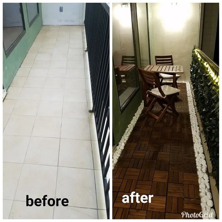 The power of a good plan. This before-and-after shot shows how I converted a narrow, unused balcony into a warm and inviting seating area. The transformation includes WPC deck flooring, soft lighting, and a border of white pebbles for a clean, finished look.