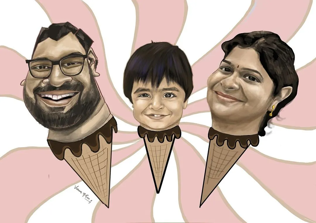 Turning a family into a fun, sweet caricature is always a delight. This digital artwork was created on an iPad, imagining the family as ice cream cones to capture their fun-loving spirit. It's a perfect, quirky piece for a unique family portrait or a special gift.