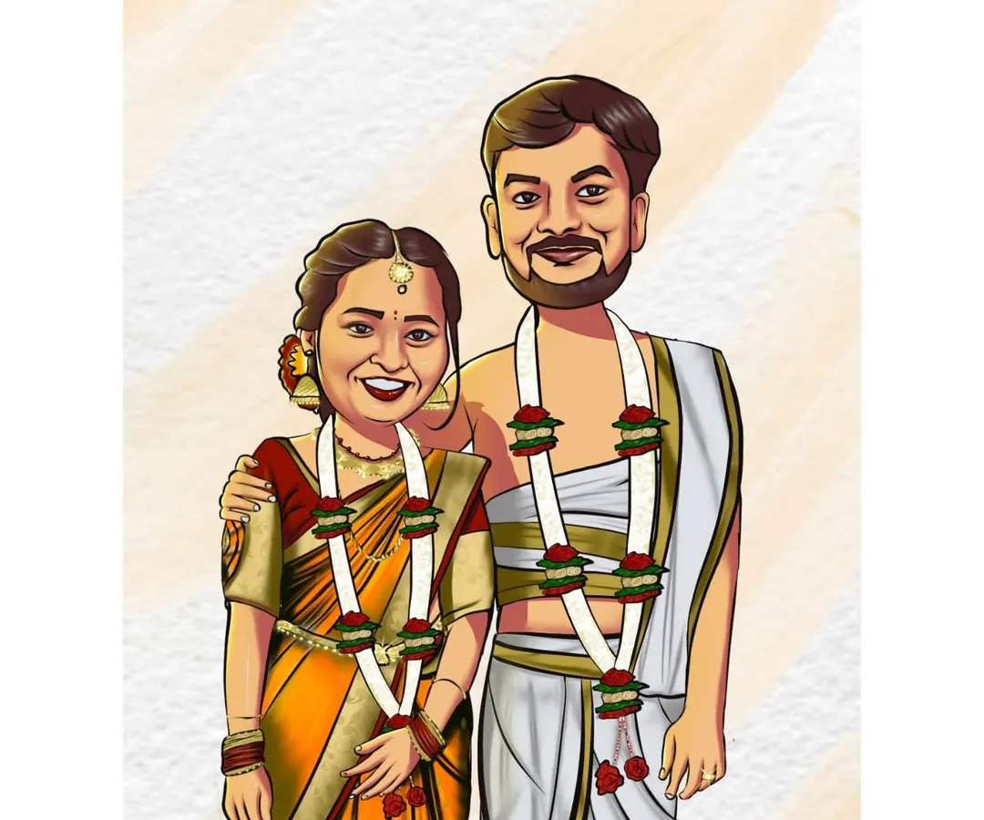 I love creating wedding caricatures that celebrate traditional ceremonies. For this piece, I focused on getting the details just right, from the texture of the silk saree and veshti to the delicate flower garlands.
