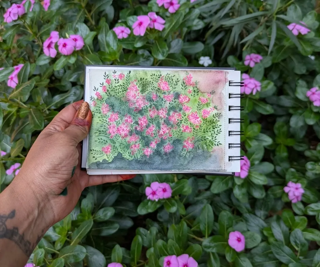 I love capturing my art right where it was inspired. This is a watercolor study of the beautiful periwinkle flowers I found, painted on the spot to capture their true colors.