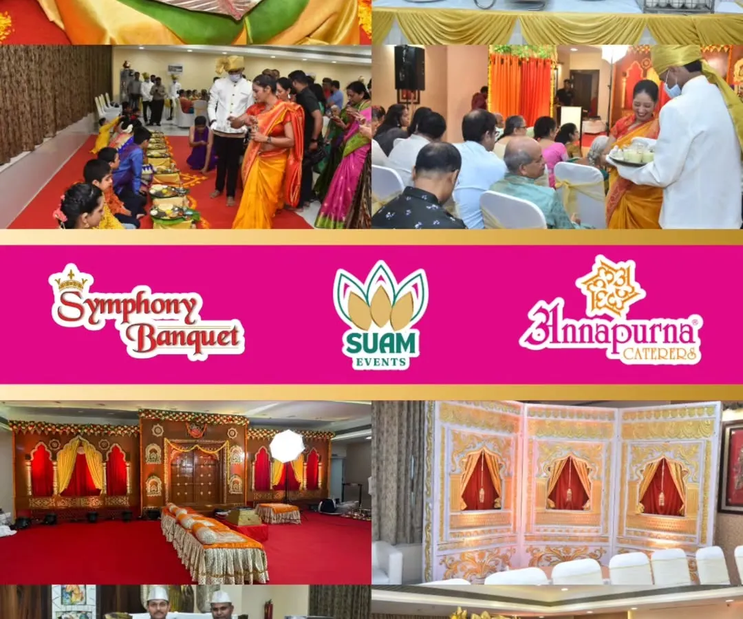 This collage captures the essence of what we do. It shows a traditional Maharashtrian ceremony, our elegant decor, and a glimpse of our catering service, all brought together under our trusted brands: Symphony Banquet, SUAM Events, and Annapurna Caterers.