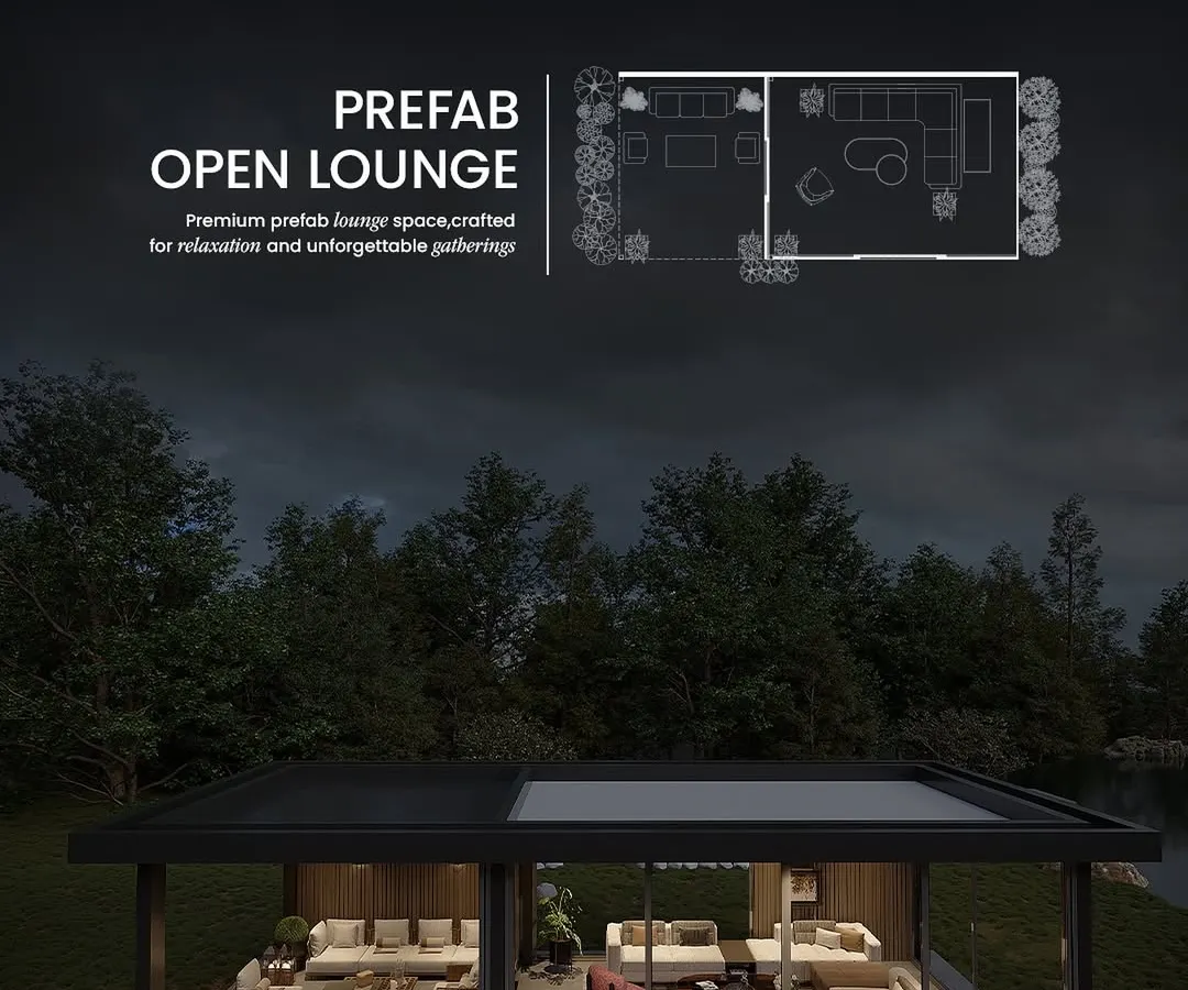 We design and build bespoke prefab open lounges for farmhouses and garden retreats. This concept image showcases a structure with both enclosed and open-air sections, complete with a layout plan, illustrating how we craft spaces for relaxation and social gatherings.
