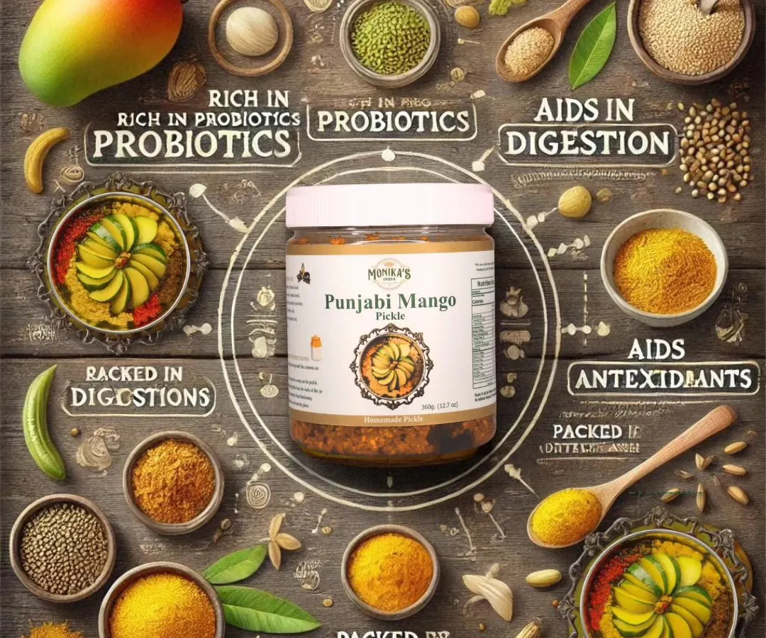 My Punjabi Mango Pickle is more than just tasty, it's packed with goodness. I use a traditional fermentation process that makes it rich in probiotics for gut health and packed with antioxidants from natural spices like turmeric. This is the essence of my "Taste bhi, Sehat bhi" promise, combining authentic flavour with real health benefits.