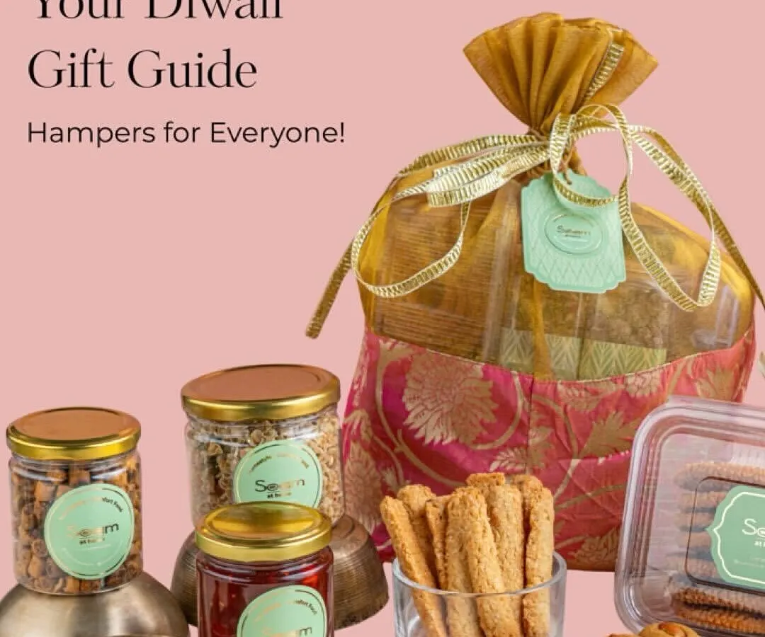 Here is your guide to thoughtful Diwali gifting. I have curated these hampers for everyone on your list, filled with a mix of sweet and savoury treats, all packed in beautiful brocade potlis and festive boxes.