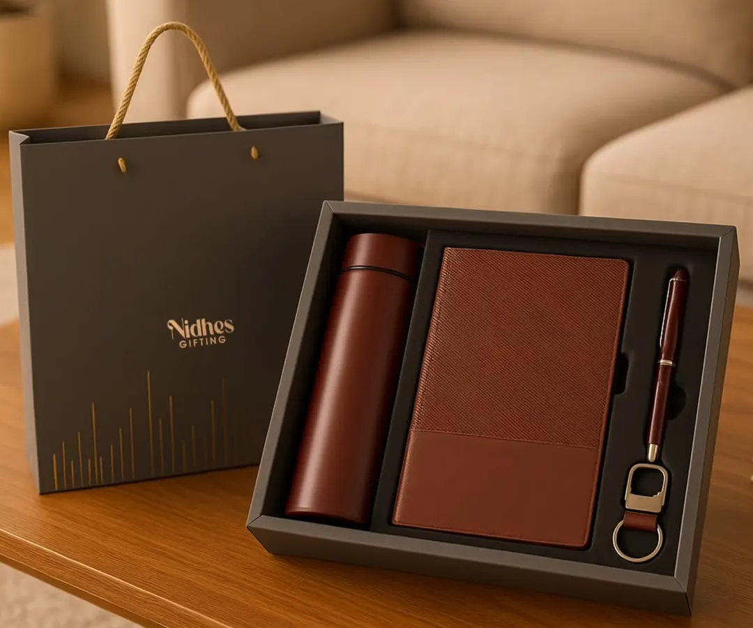 For a modern and sophisticated corporate statement, this sleek gift set is an ideal choice. It includes a premium leather-finish notebook, a matching pen, a matte thermos flask, and a keychain, all presented in a sharp, professional package perfect for new joiners or client appreciation.