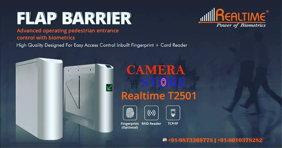 This is the Realtime T2501 Flap Barrier, a modern solution for controlling pedestrian access in corporate lobbies and buildings. It can be integrated with fingerprint scanners and RFID card readers for secure and easy entry.