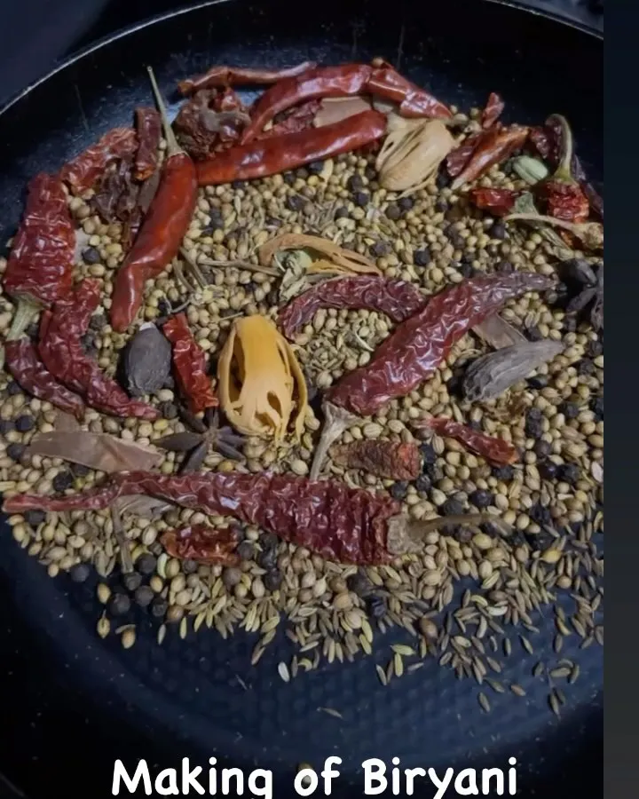 A glimpse into the heart of my biryani masala. I handpick and roast whole spices like star anise, mace, cardamom, and dried chillies to create a fragrant and completely natural spice blend from scratch.