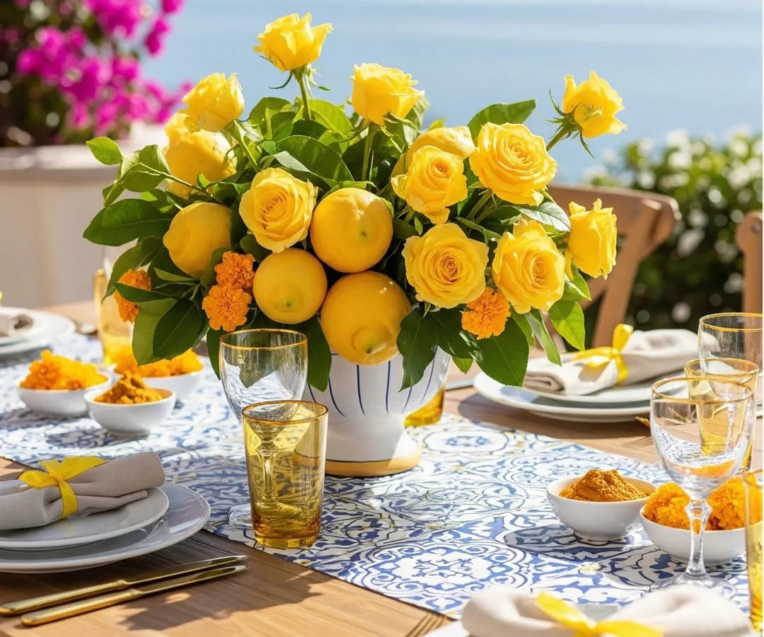 An Italian dream brought to life with a Positano-themed Haldi tablescape. Fresh lemons and vibrant yellow roses create a cheerful, sun-kissed centerpiece, complemented by classic blue and white Mediterranean patterned table runners for a refreshing coastal vibe.