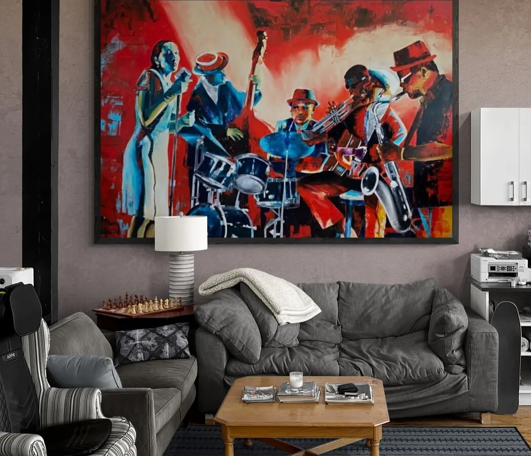 My 'Jazz and Blues' painting is a large-scale piece that brings the energy of a live performance into your space. I focused on capturing the movement and unifying force of music, using a blend of expressionism and realism to document this rich cultural history.