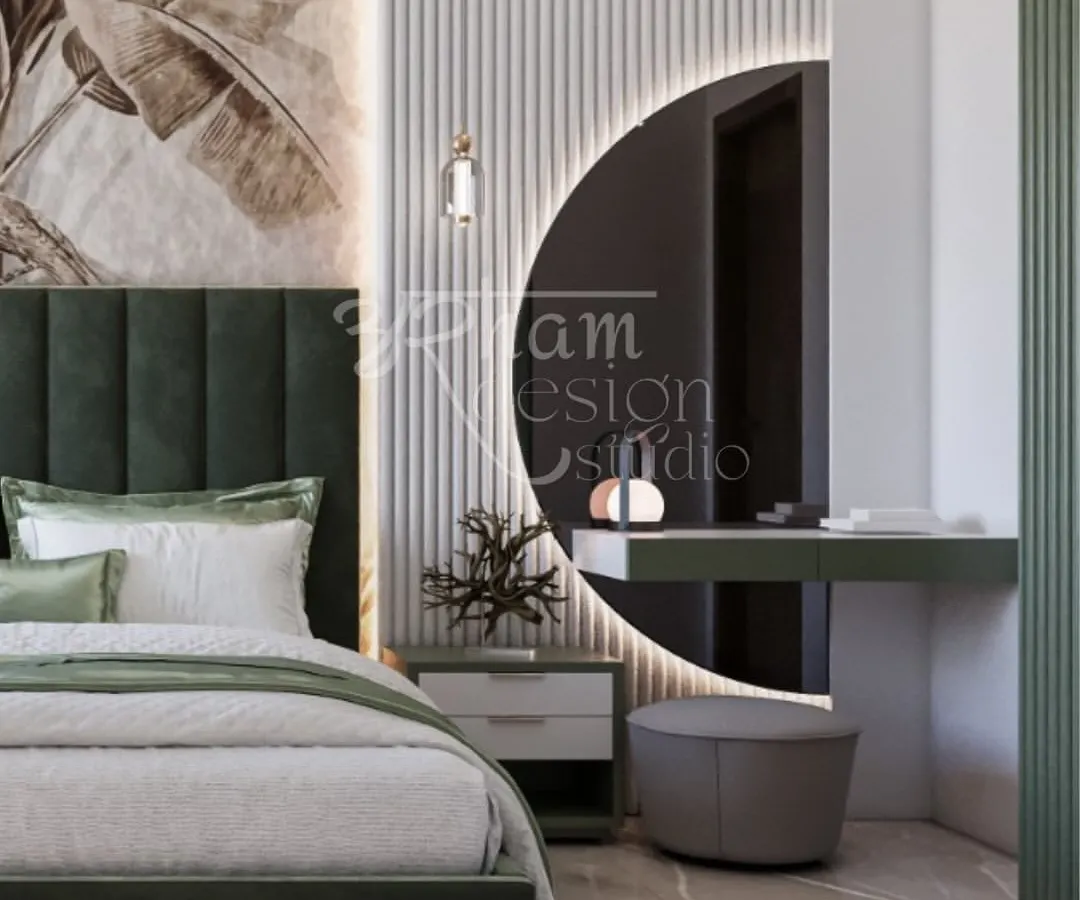 For the master bedroom in the same home, we created a tranquil retreat. The design features a deep green upholstered bed, delicate botanical wallpaper, and a statement backlit mirror, all coming together to form a space of calm, contemporary elegance.