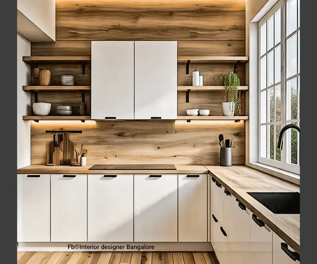 This Scandinavian-inspired kitchen combines white minimalist cabinets with warm wood textures for a clean and inviting feel. We integrated open shelving and under-cabinet lighting to enhance both functionality and ambiance, creating a perfect space for cooking and gathering.