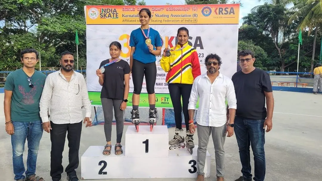 It's an amazing feeling to see my skaters on the podium. Here's Ananya winning gold in the 17+ age group for speed slalom at the 39th state selection trials. Hard work pays off.