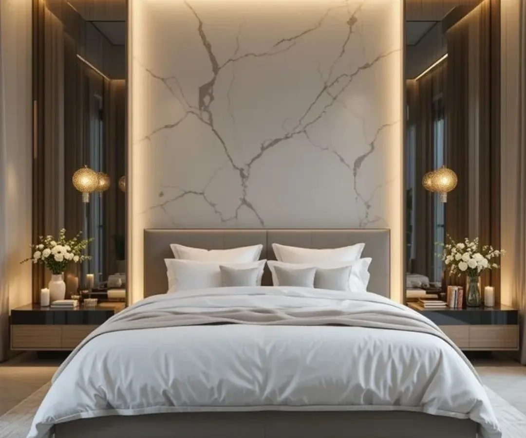 We aimed for pure elegance in this bedroom with a floor-to-ceiling marble accent wall. The integrated backlighting highlights the natural veins of the stone, creating a sophisticated focal point that feels both grand and serene.