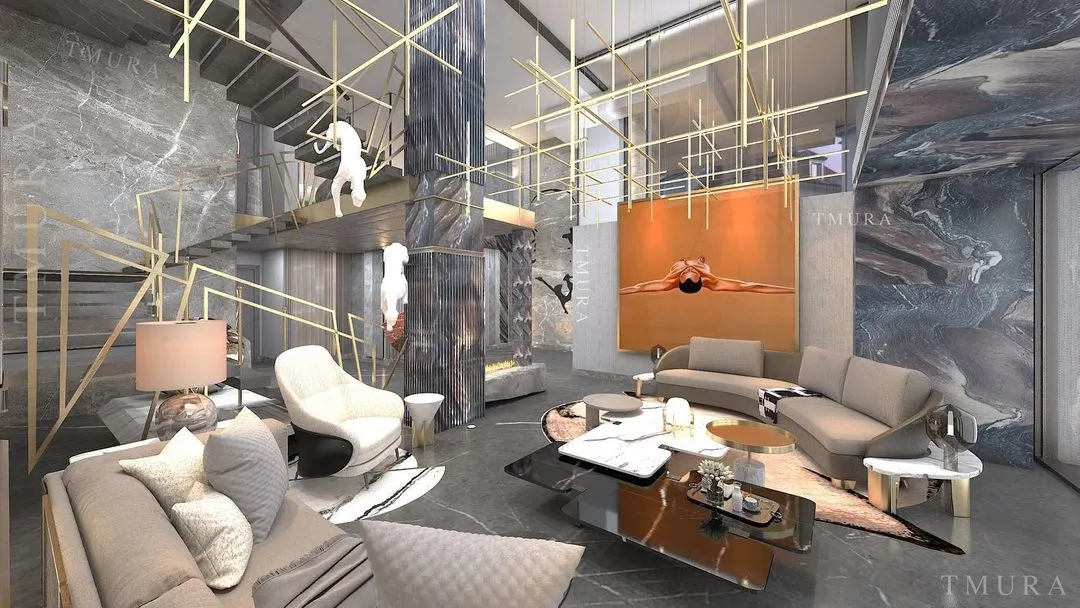 We believe in making bold statements. This multi-level living area showcases our ability to work with grand volumes, using dramatic marble, sculptural art installations, and custom grid lighting to create a space that is both monumental and inviting.