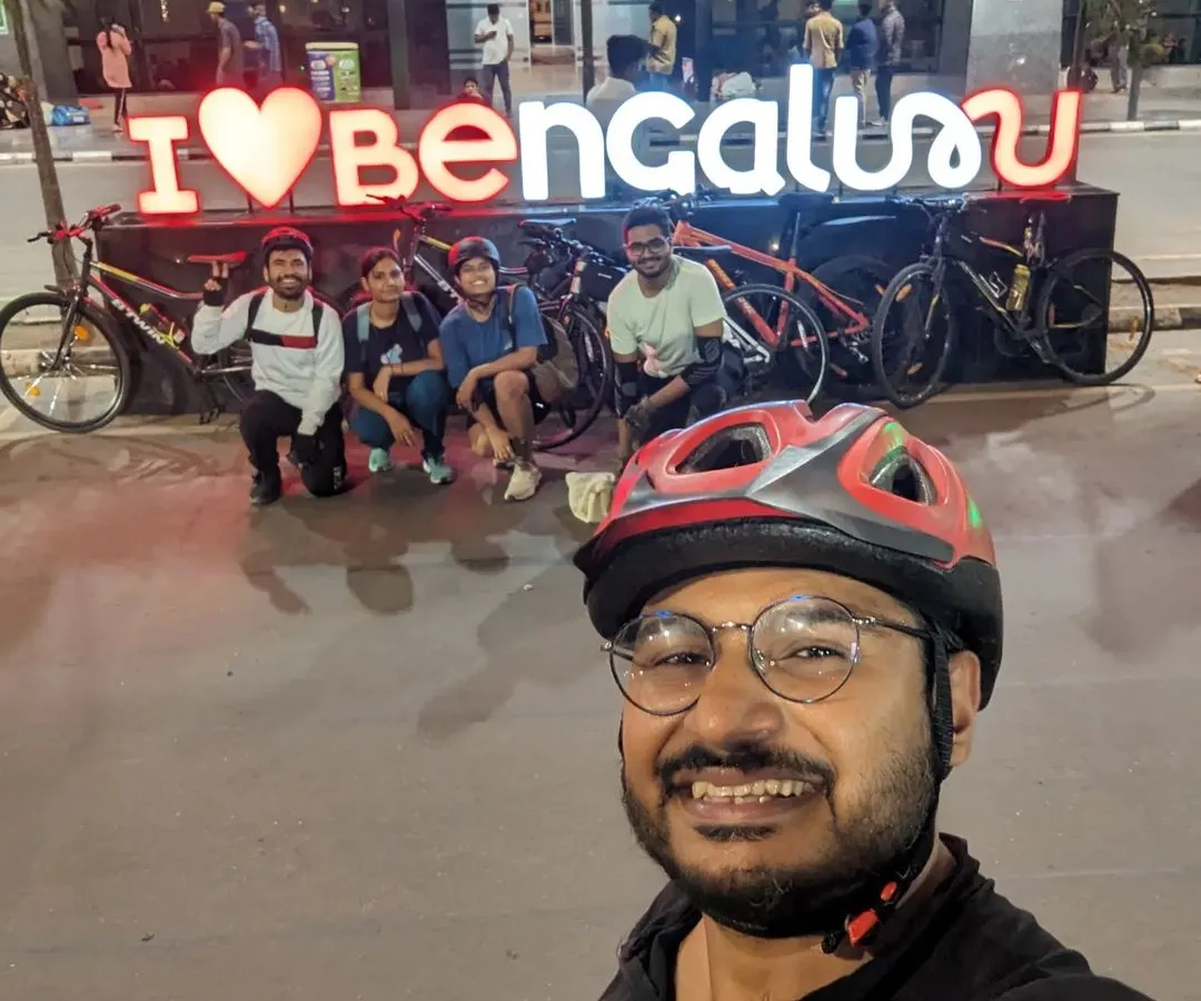 Our crew posing with the iconic 'I ❤️ Bengaluru' sign at the Vishweswaraya railway station. We are a community of explorers, making the city our own, one landmark at a time.
