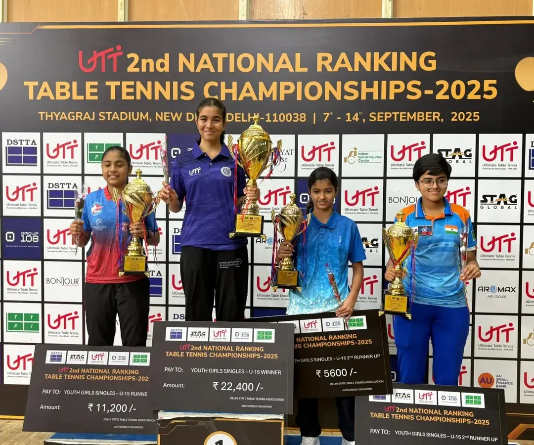 A truly proud moment for our academy. Here is our champion, Naisha Rewaskar, standing tall on the number one podium after winning her first U-15 National Ranking title in New Delhi. This victory is a result of her incredible hard work, consistency, and passion for competitive table tennis.