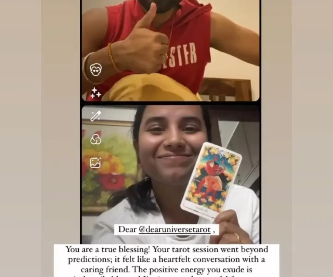 It was a pleasure connecting with celebrity client Aswath for a personal tarot session. This image captures the positive energy of our reading, which he described as a heartfelt conversation with a caring friend. I'm grateful to be a messenger for the universe and provide guidance that feels supportive and clear.