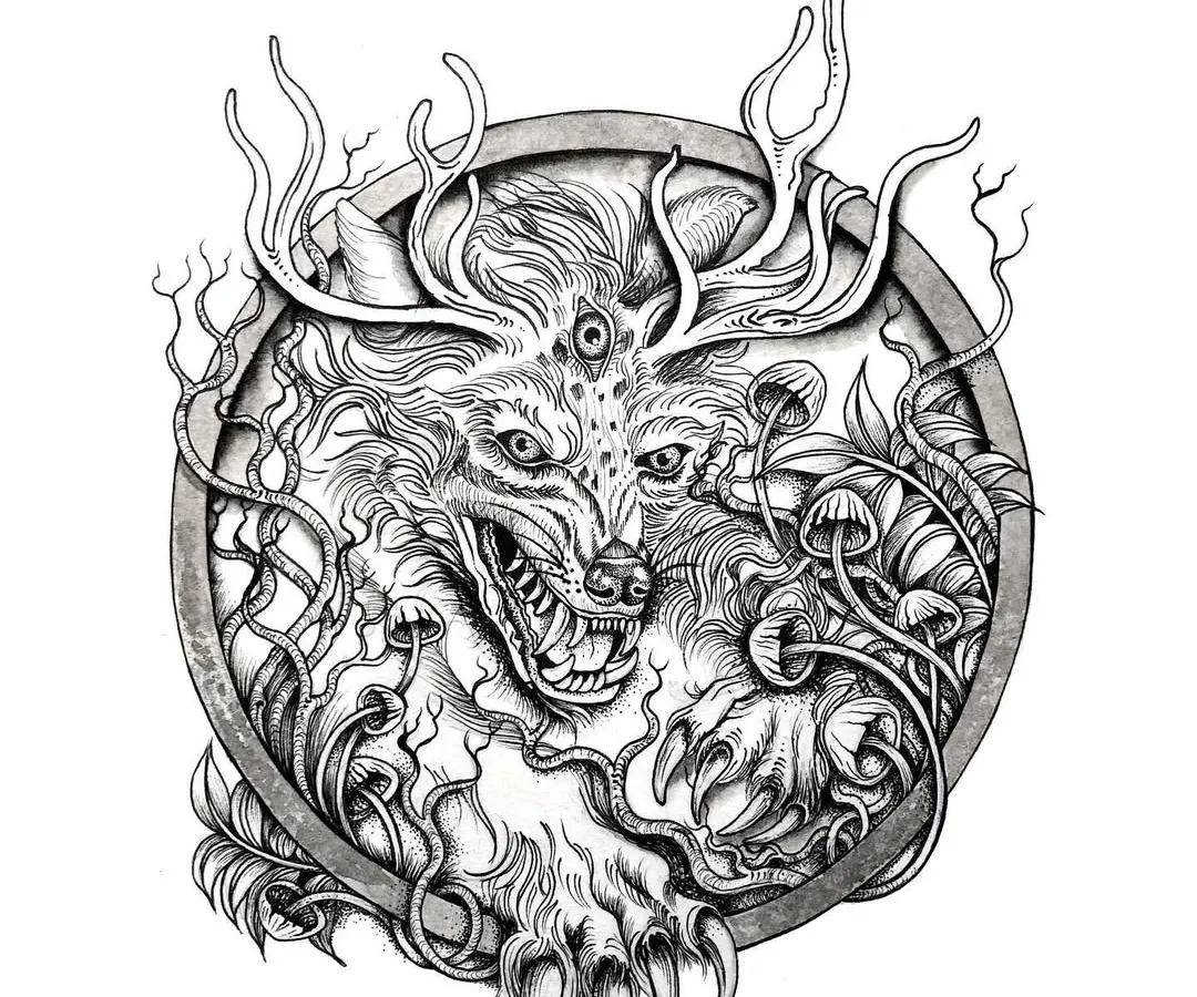 A finished design of the mythical wolf Fenrir, reimagined with surreal elements like a third eye and mushroom growths. This style of black and white mythological creature art translates powerfully into a tattoo, especially for a calf or shoulder piece.