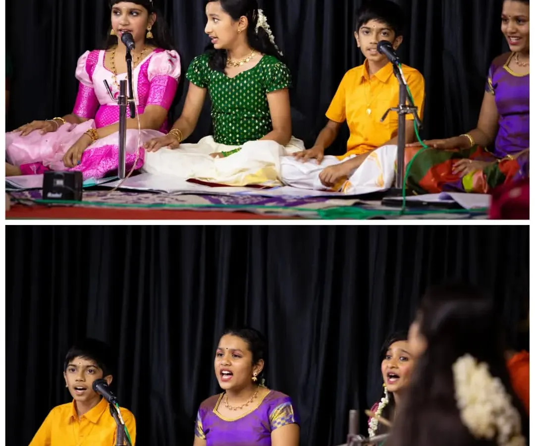 Look at the confidence on the faces of our 'Bindaas Kutti' team. We focus on making Carnatic music for kids an energetic and joyful experience, and the result is seeing them command the stage with such passion. This is them, lost in the music during a live performance.