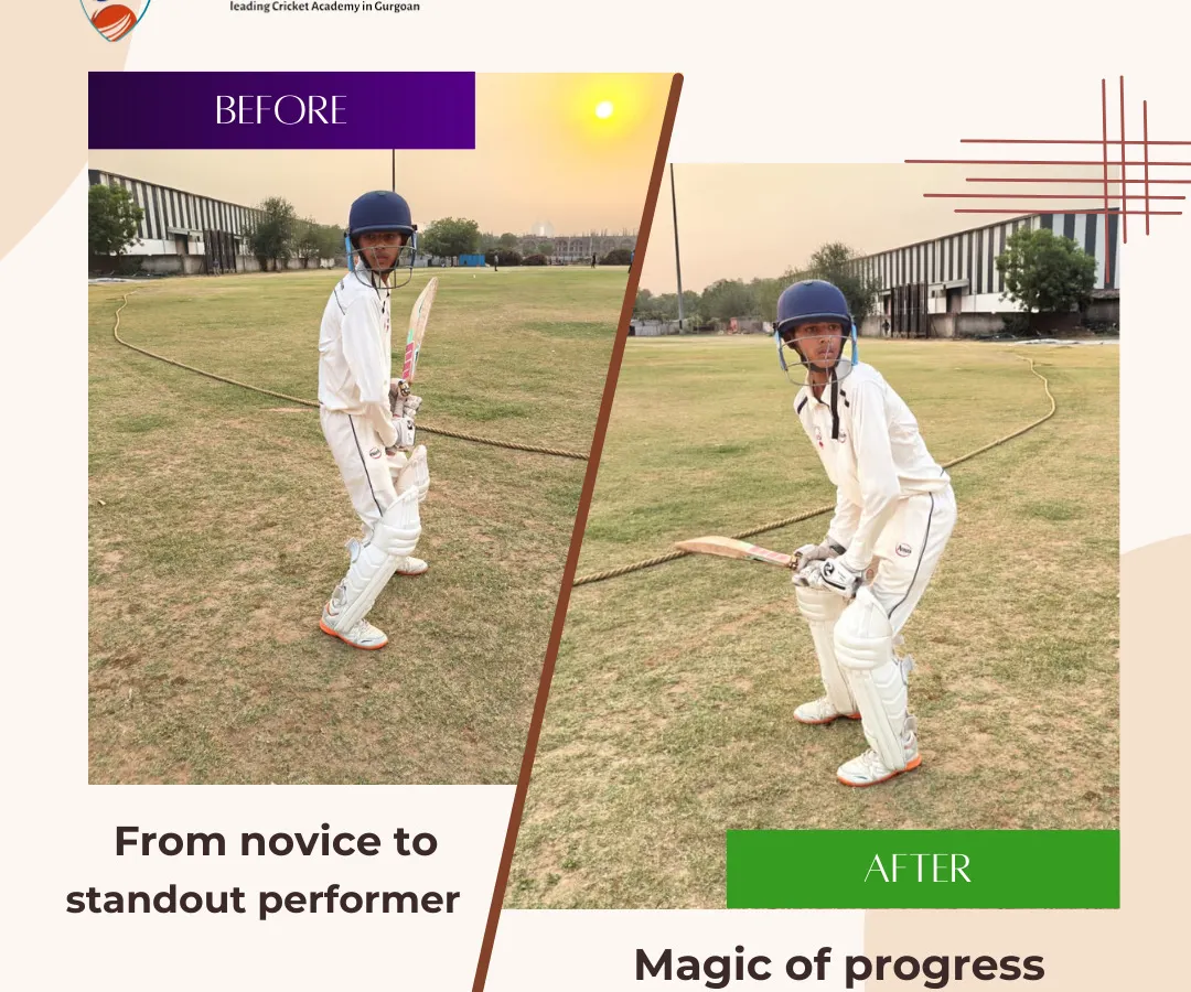 The proof is in the progress. This before and after image shows the significant improvement in a student's batting stance after working with us, highlighting our focus on correcting fundamental techniques for better balance and power.