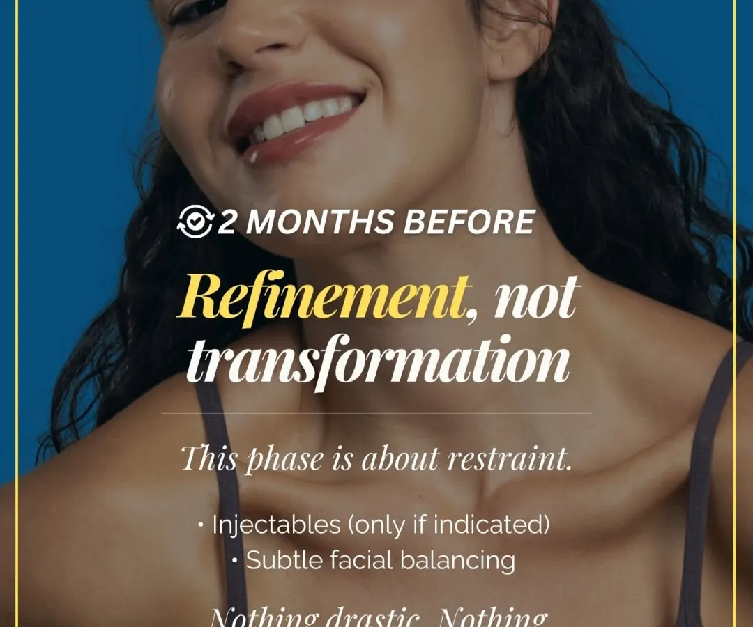 For my brides, the journey to glowing skin should be a calm and planned process. I recommend starting about two months before the wedding for any subtle facial balancing or injectables. My approach is always refinement, not transformation, ensuring you look like the most radiant version of yourself on your special day.