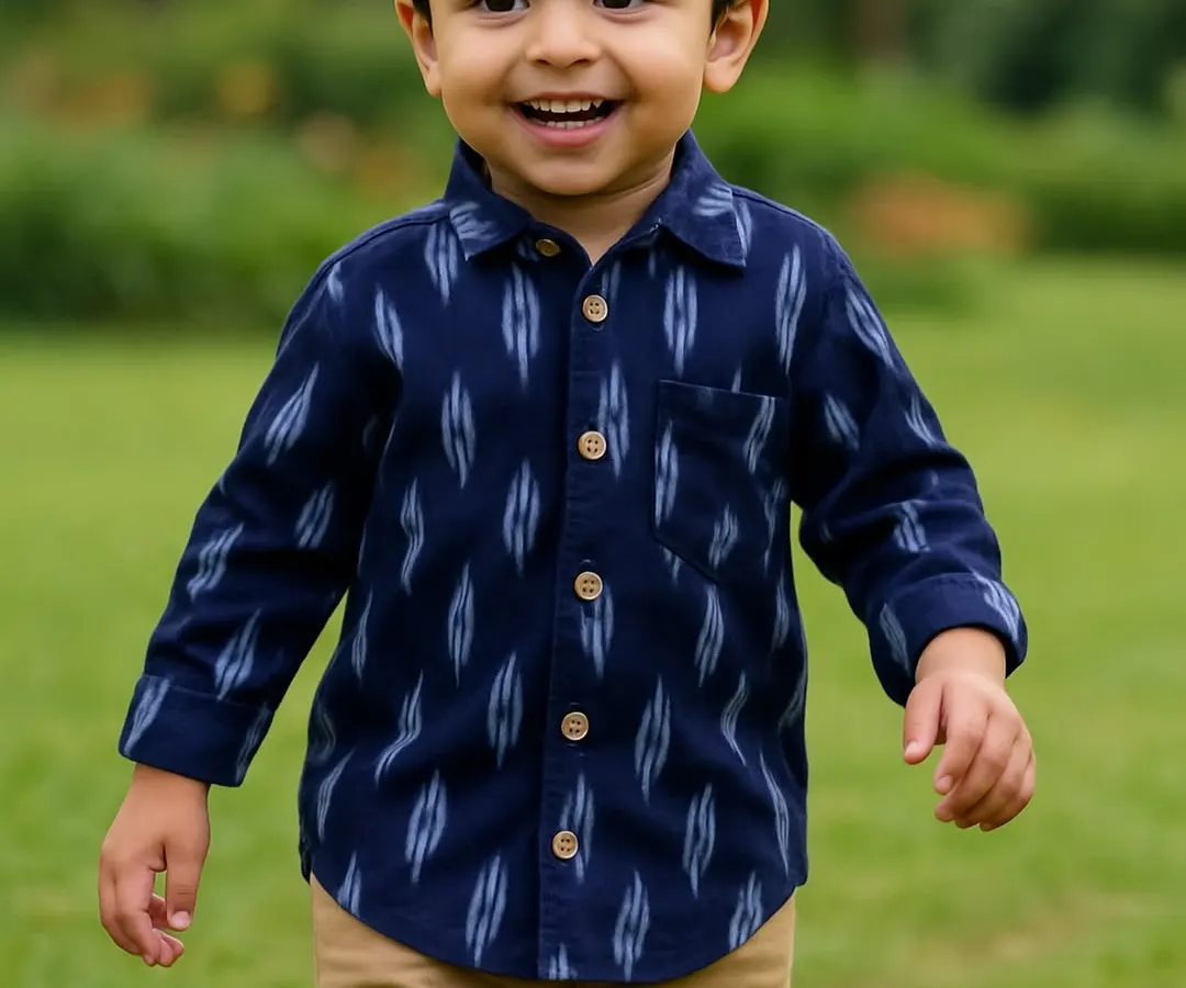 I believe boys' clothes should be just as comfortable and stylish. This handwoven Ikat shirt is a perfect example. It's soft enough for playtime and smart enough for a family function, letting him run and be himself.