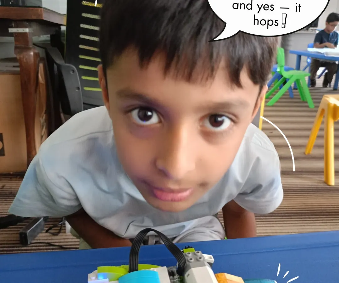 "I made this Frog all by myself and yes, it hops!" This is the magic of our robotics camp, where kids learn to build and code their own moving creations.
