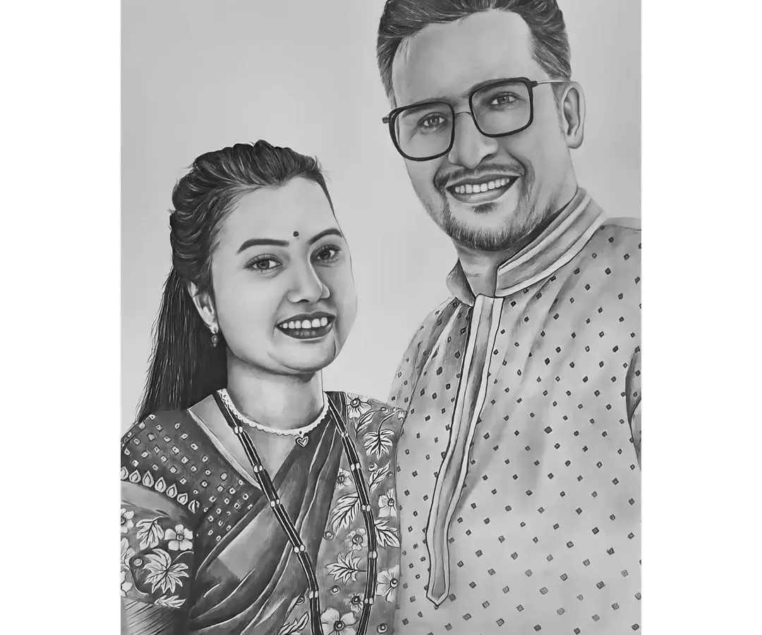 A realistic pencil sketch of a smiling couple, perfect for an anniversary or wedding gift. I focused on their happy expressions and the details in their traditional attire, like the intricate sari pattern and mangalsutra.