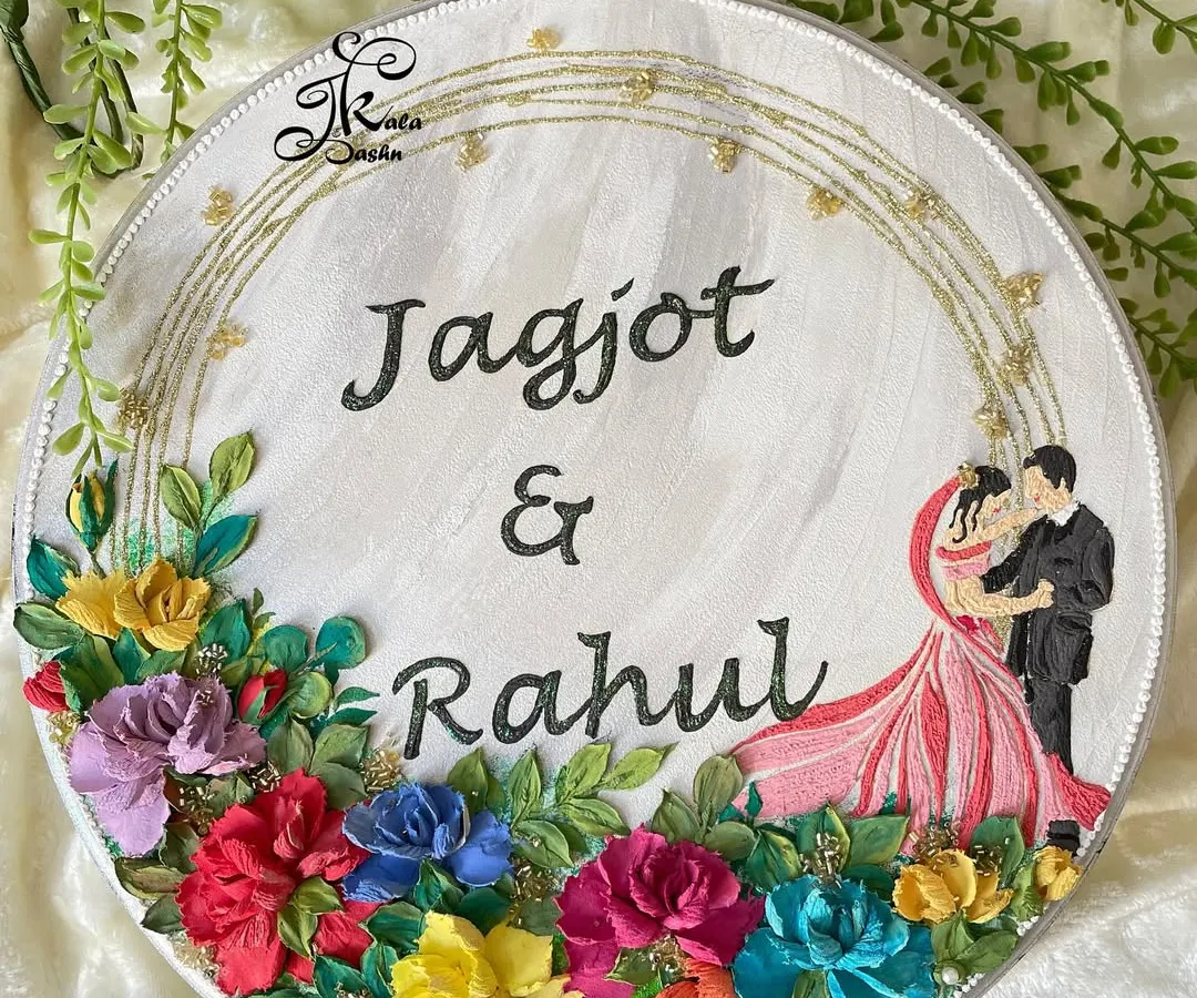I love creating pieces that celebrate special moments. This engagement nameplate was a joy to make, combining the couple's names with a custom illustration and a garden of multi-colored 3D flowers, all framed by delicate golden details.