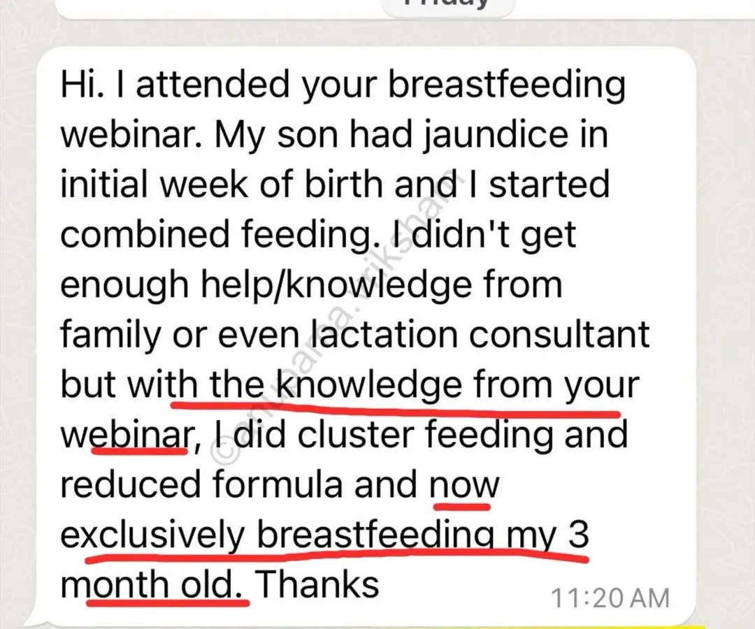 This message from a mother makes me so happy. She was struggling with combined feeding but learned about cluster feeding in my webinar and is now exclusively breastfeeding her baby. The right knowledge gives you the confidence to trust your body and nourish your child.