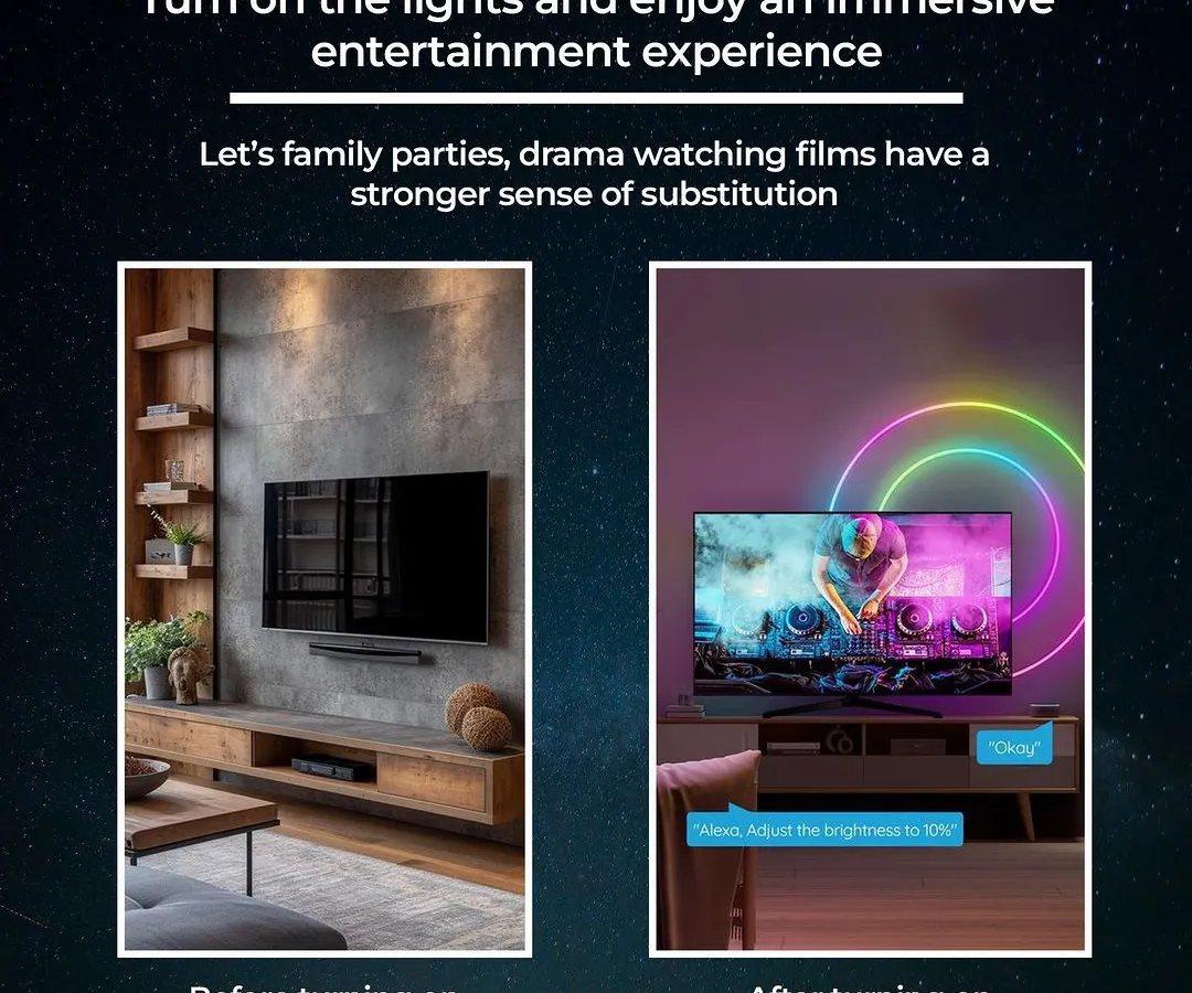 See the difference smart lighting makes. We transform a standard living room into an immersive home theater with dynamic, colorful backlighting that syncs with your entertainment. A simple voice command is all it takes to adjust brightness and set the mood for your movie night.