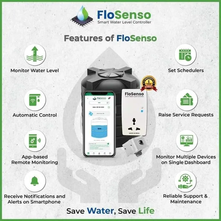 Here are all the features that make FloSenso India's smartest water level controller. From monitoring water levels and automatic control to setting schedules and receiving alerts on your phone, we put complete control in your hands. It's a one-stop solution for smart water management.