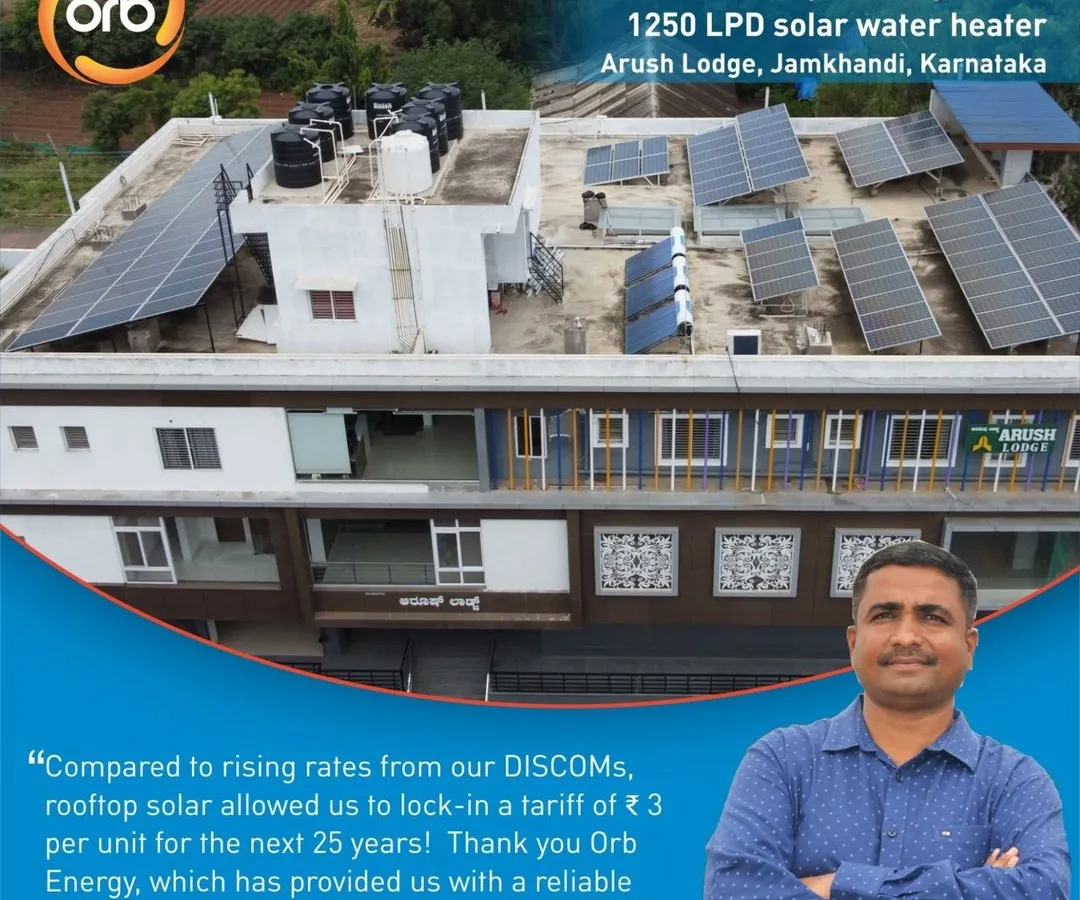 For Arush Lodge in Jamkhandi, we provided a complete energy solution with a 30kW rooftop solar system and a 1250 LPD solar water heater. This allows the proprietor, Mr. Prashant Bidari, to lock in his electricity tariff at a low rate for 25 years while ensuring his guests have a reliable supply of hot water.
