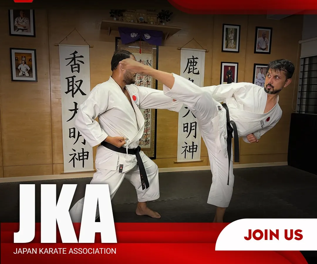 This image captures the dynamic power of a JKA Shotokan side kick. Our training focuses on mastering traditional techniques for maximum impact and self-defense effectiveness.
