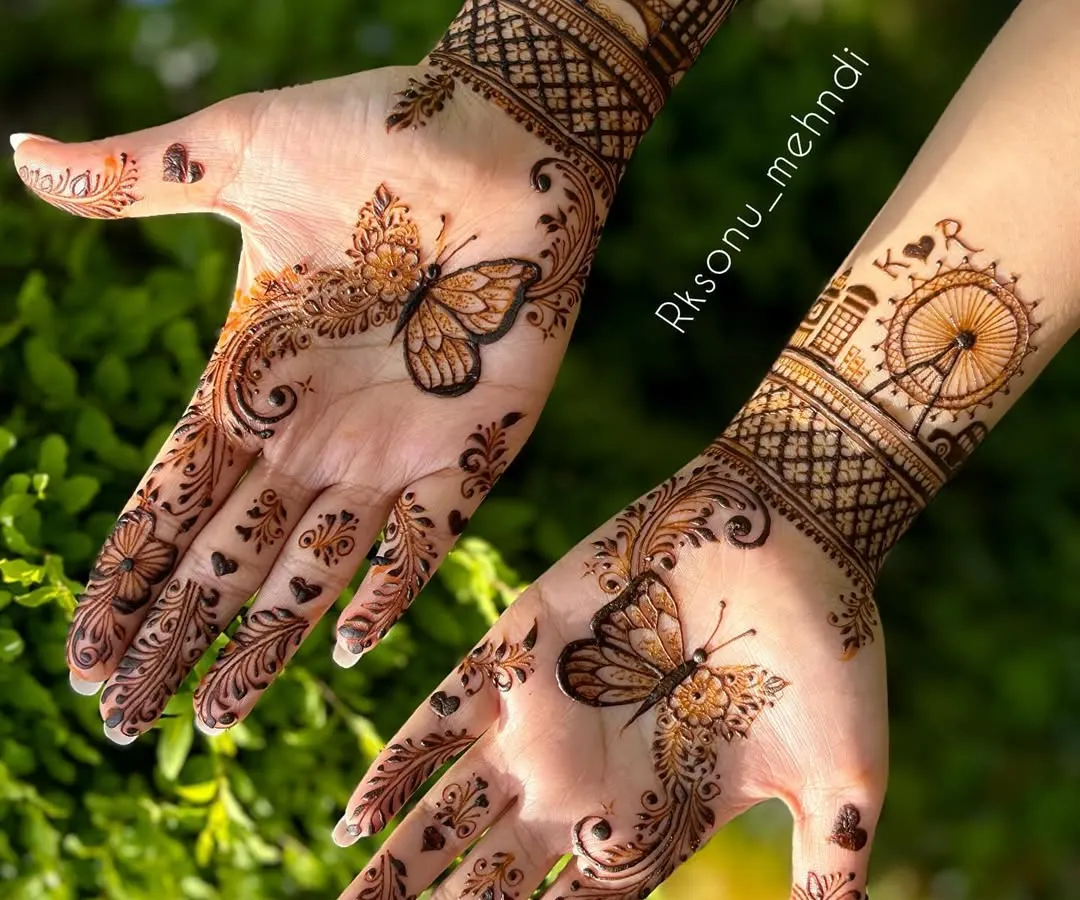 For the modern client with a unique love story, I created this beautiful design featuring delicate butterflies and iconic London landmarks. It’s a perfect example of how we can weave your personal journey into a minimal yet stunning mehndi art piece.