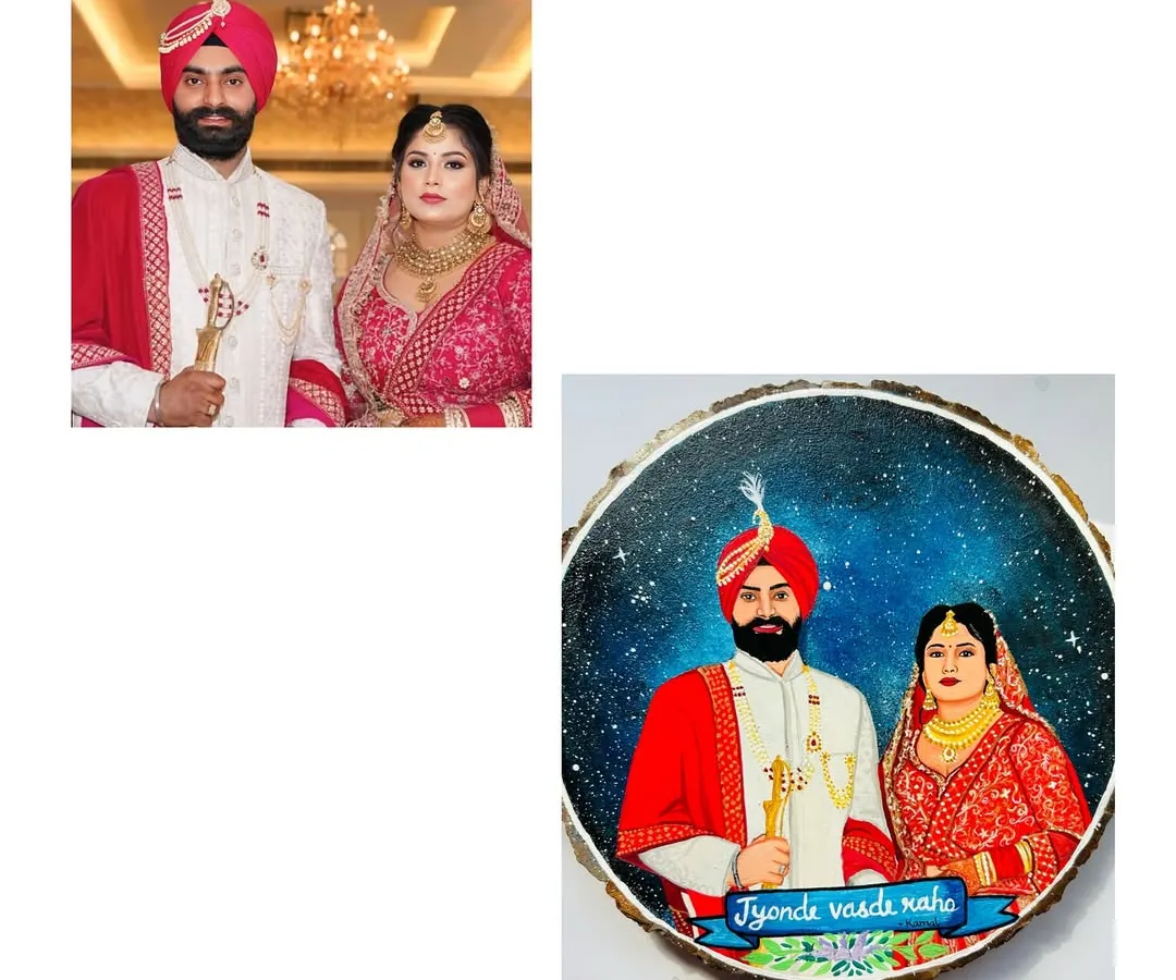 Here’s how I turn a cherished photo into a timeless keepsake. This custom wedding portrait is hand-painted on a mango wood slice, complete with a beautiful galaxy background and the couple's special phrase, 'Jyonde vasde rahe'.