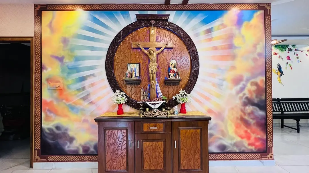 I created this large-scale altar mural for a client's living room, turning their sacred space into a focal point of beauty and devotion. Using spray paint, I blended a celestial background of clouds and divine light to perfectly frame their existing wooden crucifix.