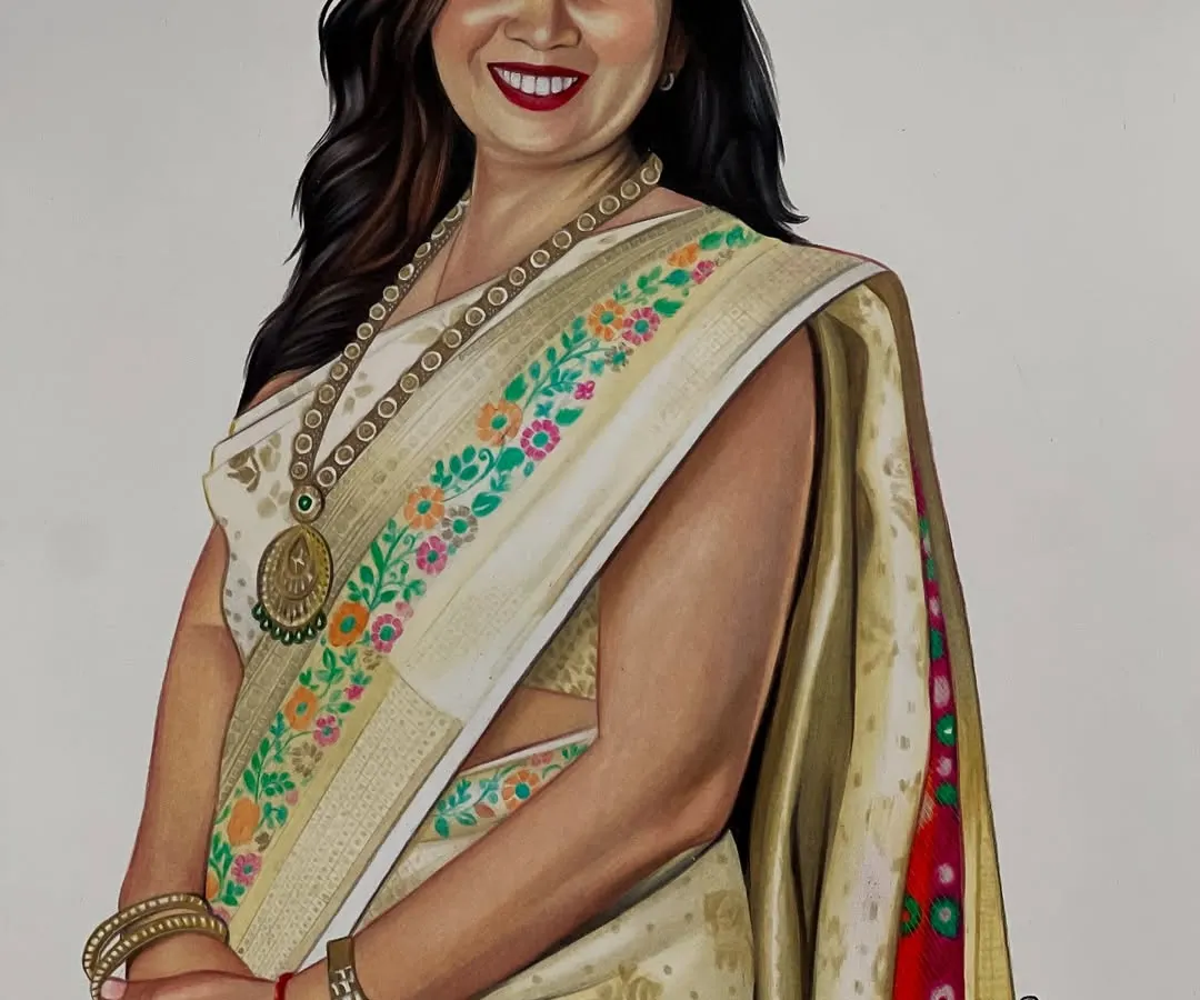 A realistic portrait brought to life with vibrant Prismacolor pencils on a high quality A3 sheet. I carefully layer colors to capture the warmth of a smile and the intricate details of traditional wear, creating a truly lifelike piece of art.