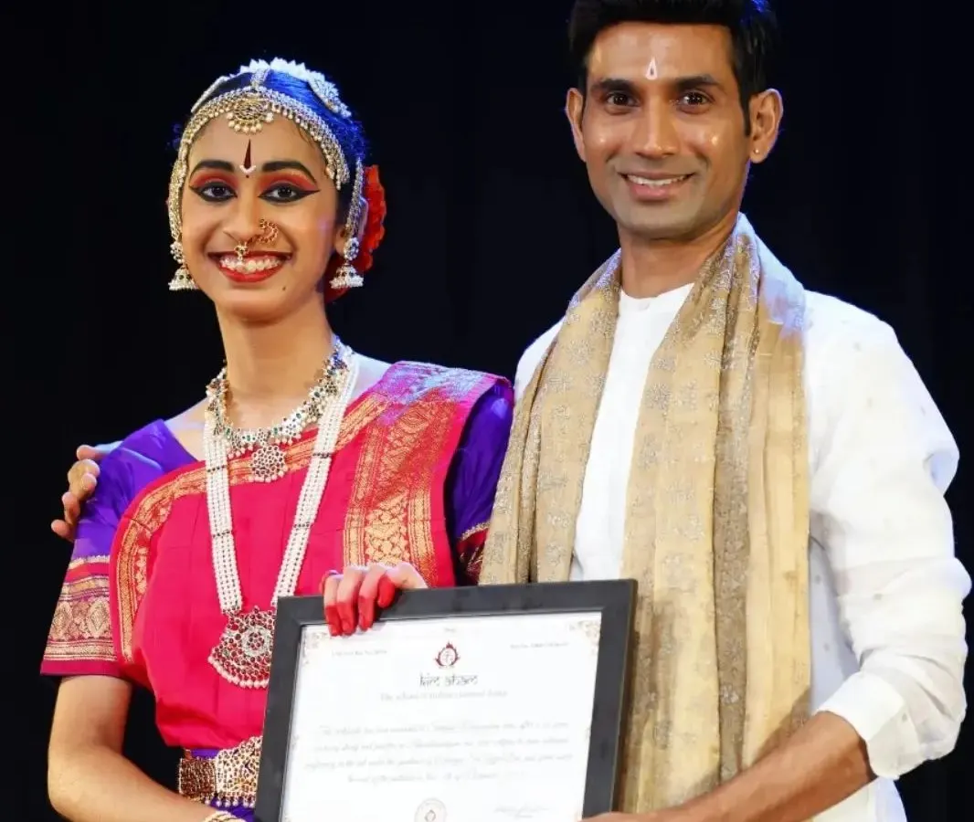 The journey of a dancer is long, but the moment a student completes their Rangapravesham is a moment of immense pride for both of us. Here I am with my disciple Sahana, celebrating her successful solo debut.