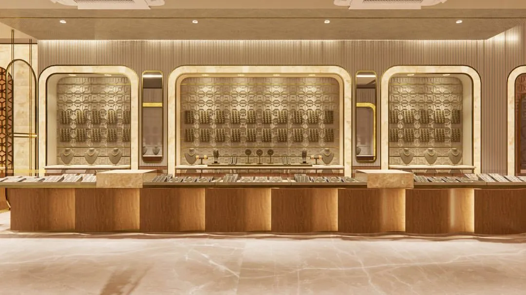 A 3D render of a luxury jewellery showroom we designed, showcasing how we create an atmosphere of opulence and elegance. The design uses soft lighting and intricate back panels to ensure the jewellery remains the star of the show.