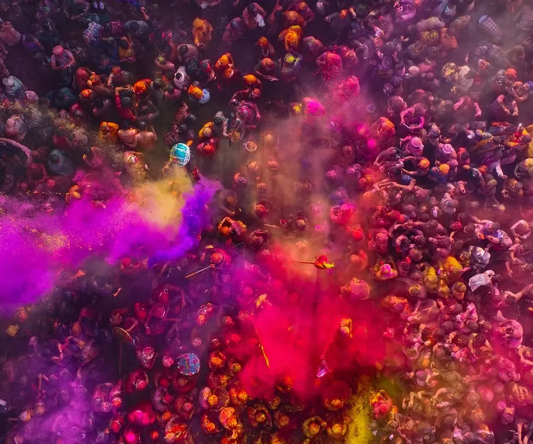 Capturing the chaos and color of Holi in Braj from above is an experience like no other. It’s a vibrant explosion of devotion and joy, and getting this top-down aerial shot required navigating a crowded airspace to freeze this perfect moment of celebration.