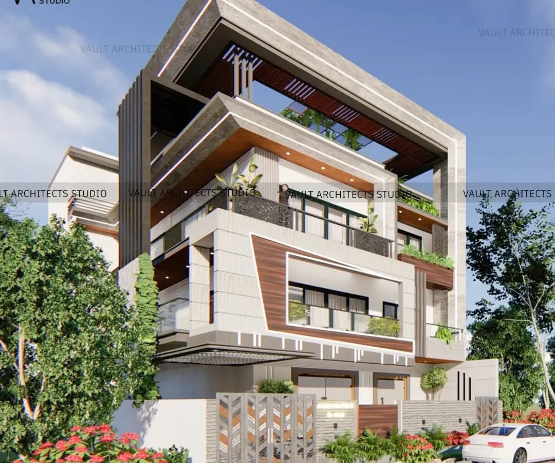 This is a 3D render of an upcoming 10,000 sqft luxury villa in Noida, designed in a modern contemporary style. The design features multiple balconies, wooden accents, and a strong geometric frame to create a visually stunning home.